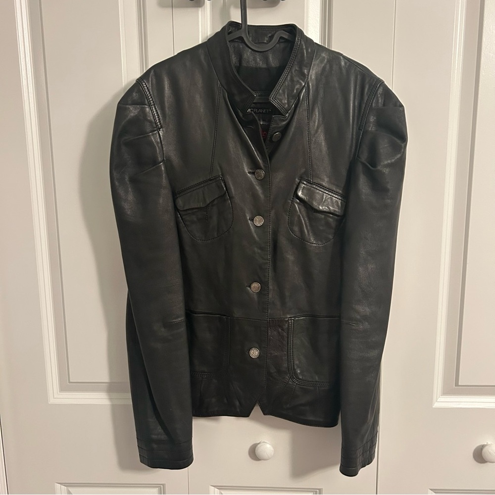 VTG Vintage MC Planet Black Leather Jacket Womens Button Front Moto Style‎